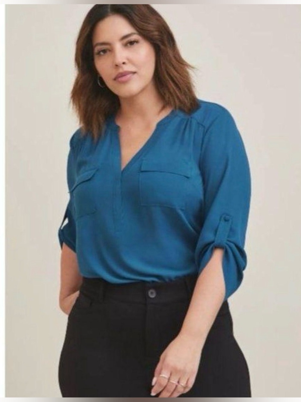 torrid Teal Split-Neck Double-Pocket Blouse, Roll-Tab Sleeves, Women’s M/L 10 00